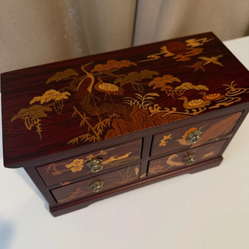 Vintage‎ Japanese Yosegi Zaiku Marquetry Wood Jewelry Box 4 Drawer Crane Inlay
